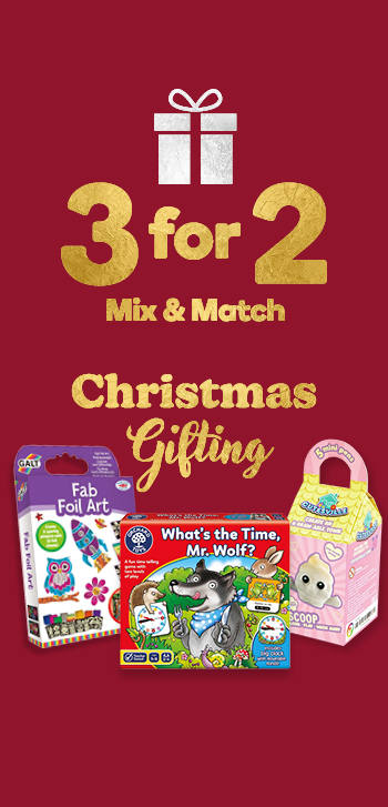 A dark red background with gold Christmas Gifting logo and 3 for 2 mix and match on over 1000 products text. Three product boxes are shown, fab foil art, what's the time mr wolf game, and colour in figurine. Clicking leads to all kids kits in the 3 for 2 offer.