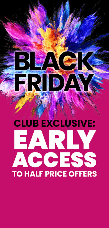 A paint explosion with Black Friday in bold font on a pink and black background. Text says club exclusive: black friday early access along with a Shop Now button. Clicking leads to the black friday page.