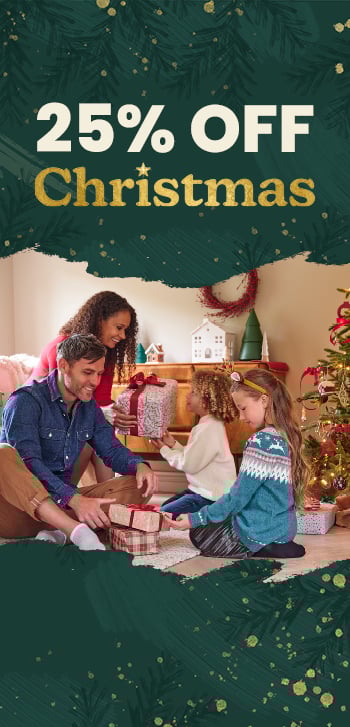 A family in a living room exchanging gifts next to a christmas tree. Text says make 25% off christmas. Clicking leads to the christmas page.