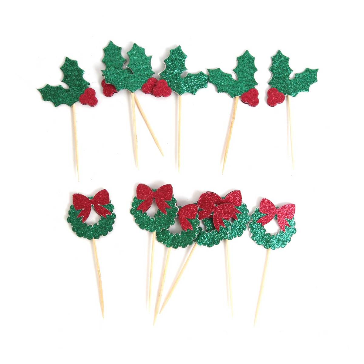 Holly and Wreath Glitter Cake Toppers 12 Pack Hobbycraft