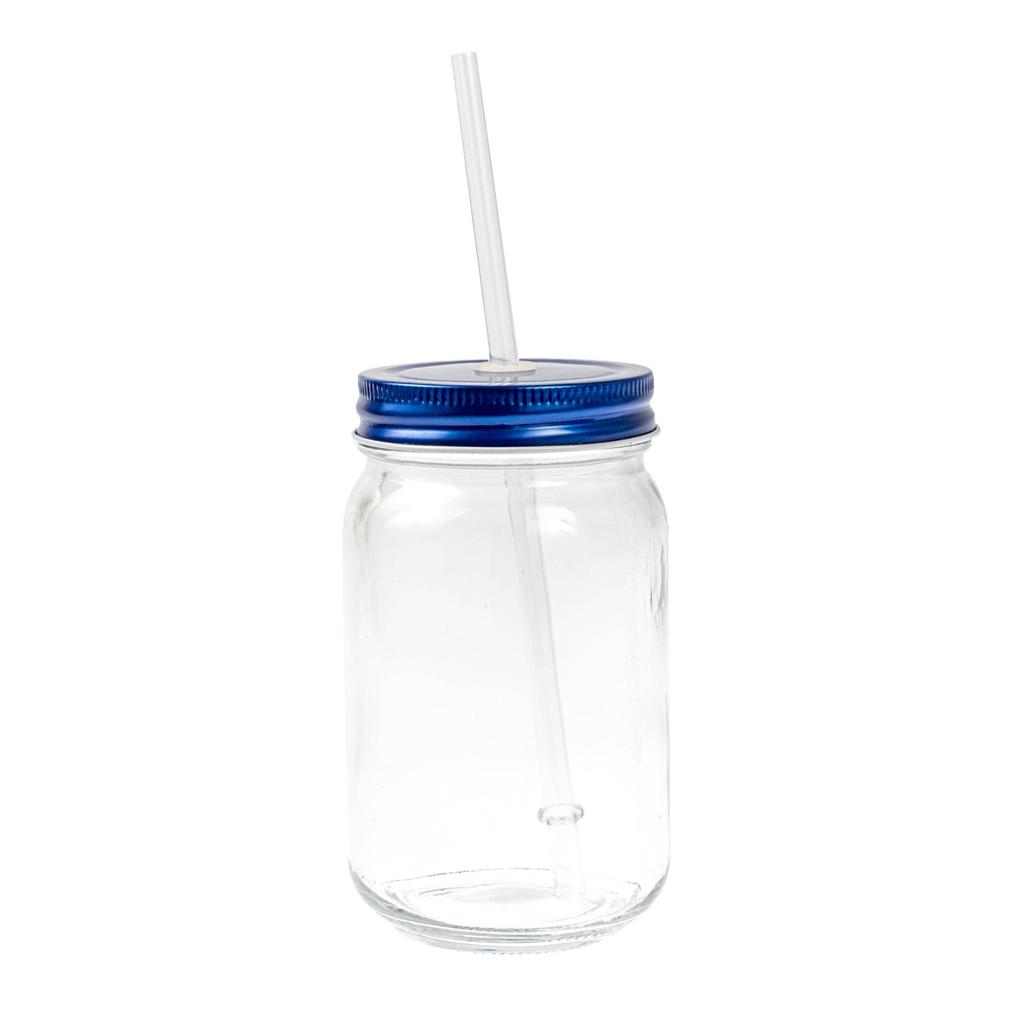 Blue Glass Drinking Jar with a Straw Hobbycraft