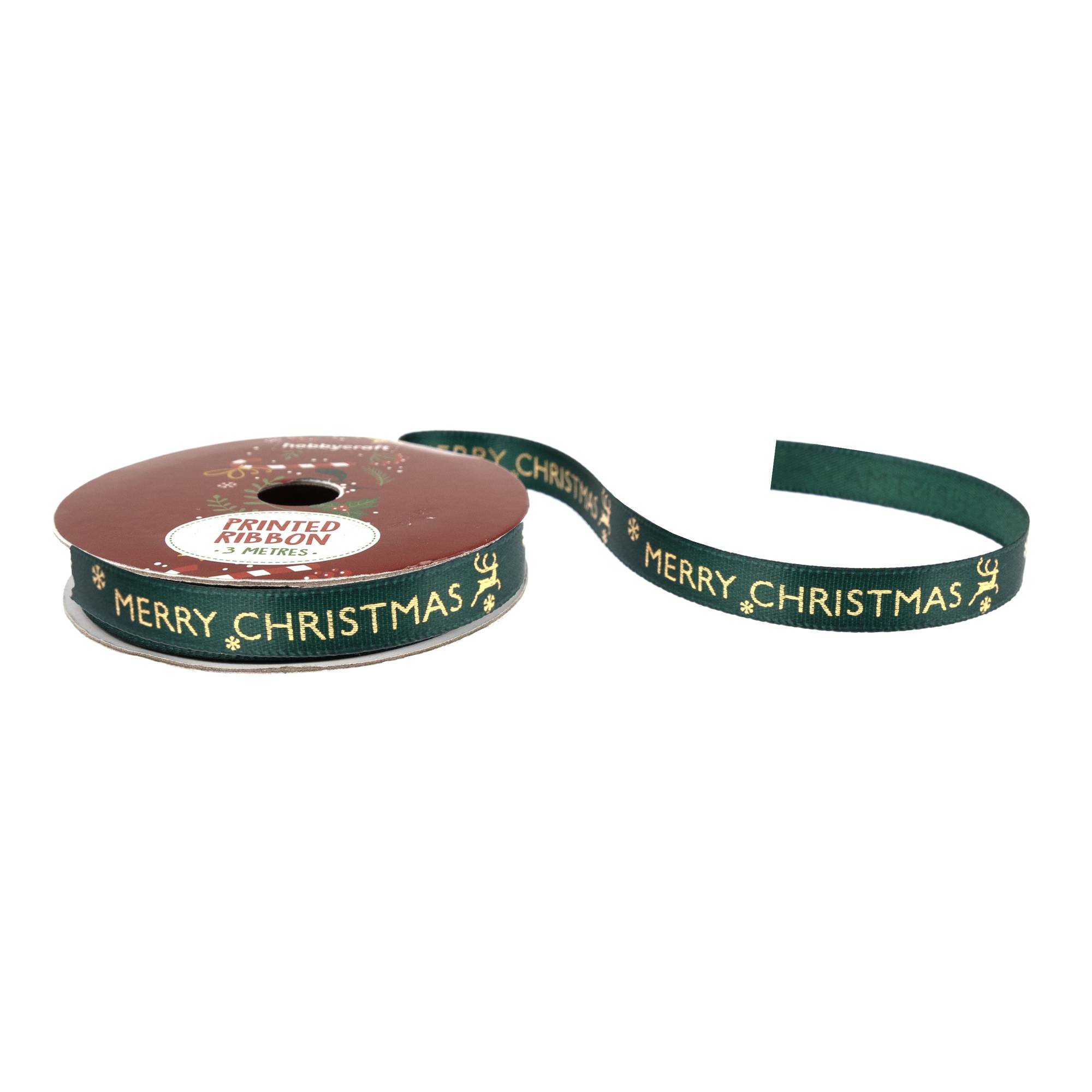 Xmas Rippon Green Merry Christmas Printed Ribbon 10mm x 3m | Hobbycraft