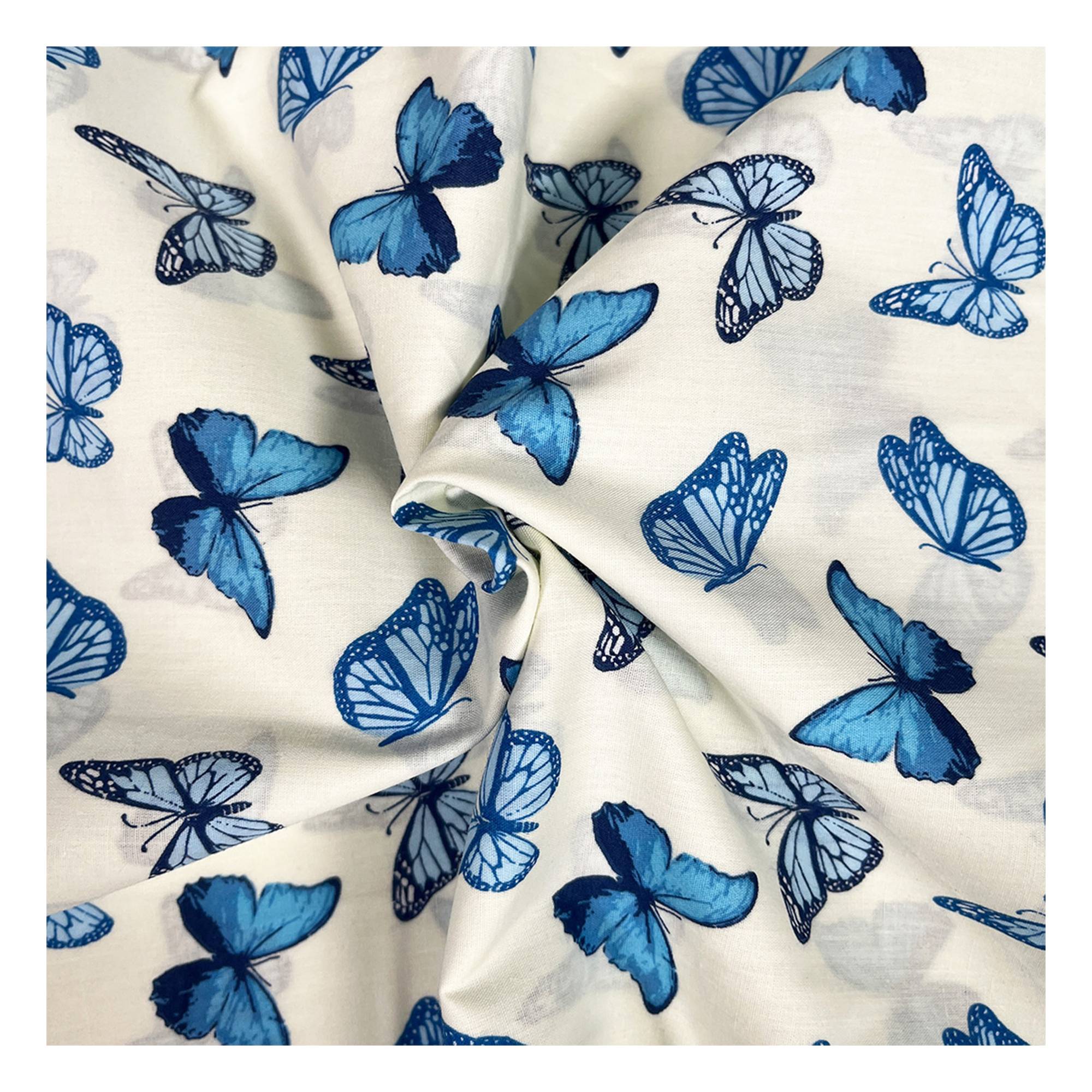 Blue Butterflies Polycotton Fabric by the Metre