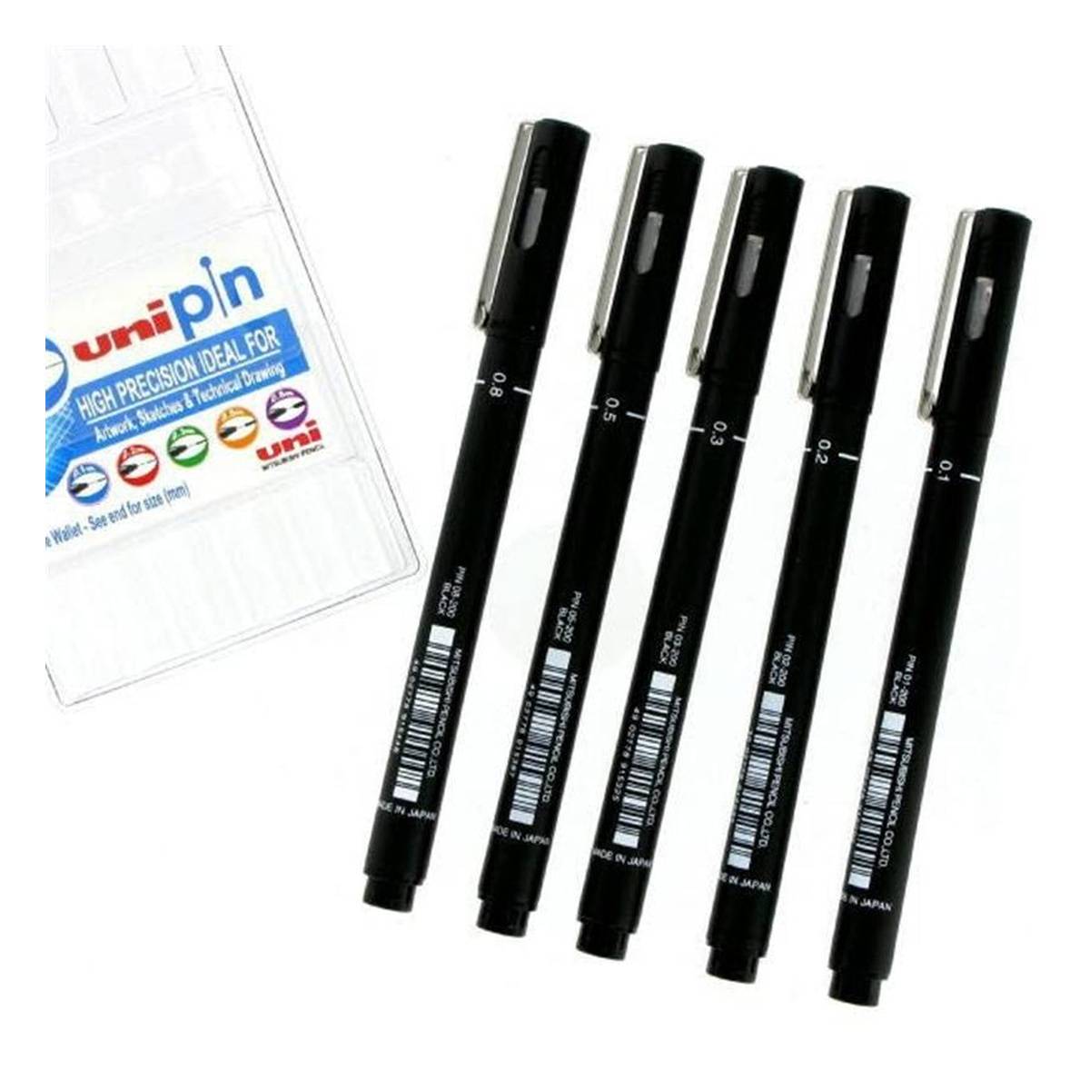 Uni : Pin Drawing Pen : Set Of 5 : Black : 0.1 - 0.8mm