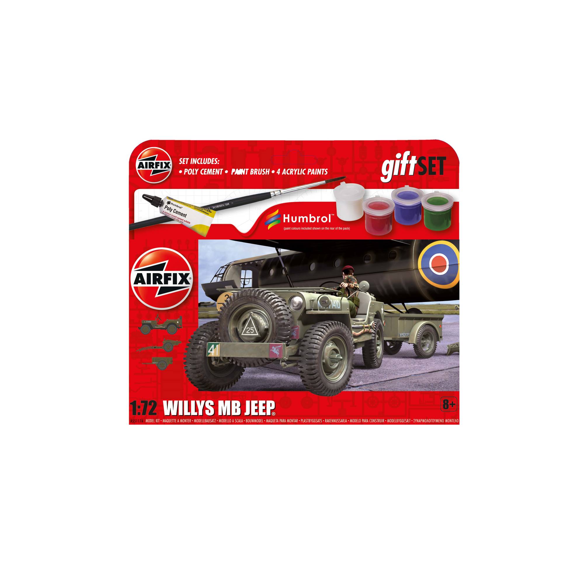 Airfix A55117 Willys MB Jeep Starter Gift Set - Small Scale Model Kit With Paints & Glue