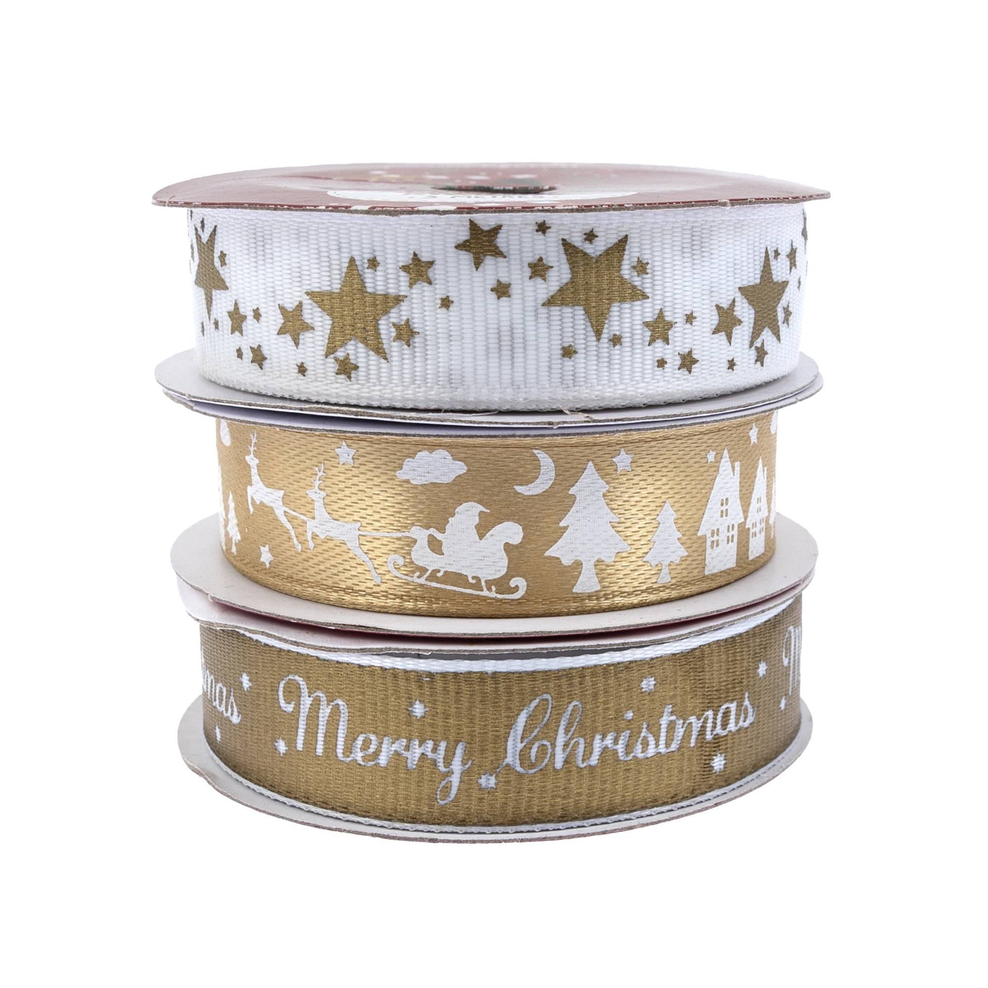 Xmas Rippon Gold Christmas Printed Ribbons 15mm x 3m 3 Pack | Hobbycraft