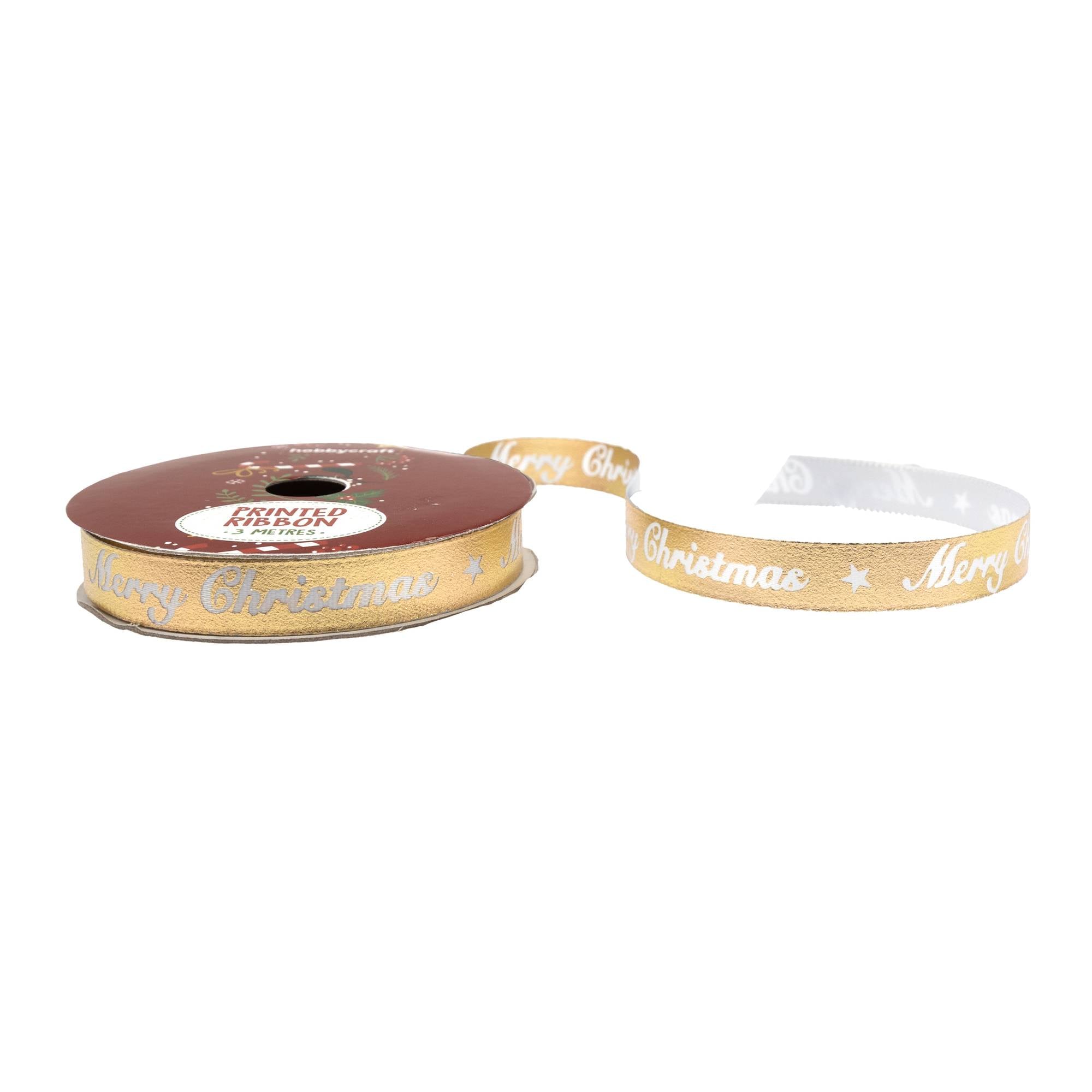 Xmas Rippon Gold Christmas Printed Ribbon 10mm x 3m | Hobbycraft