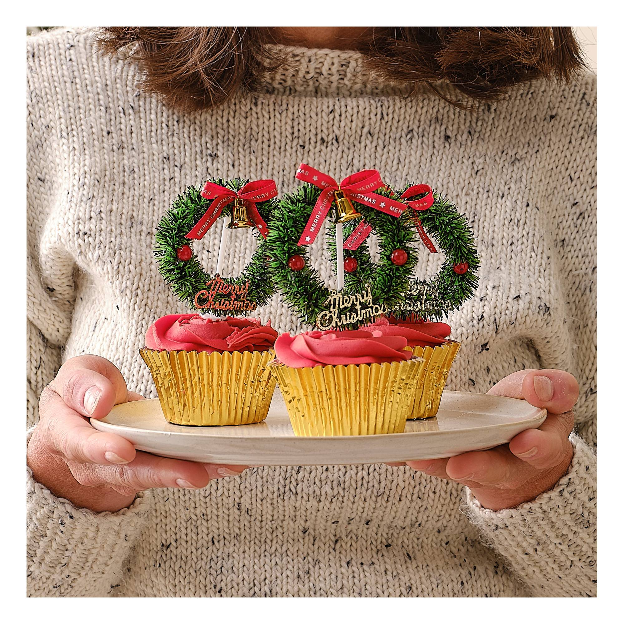 Traditional Christmas Wreath Cupcake Toppers 6 Pack Hobbycraft