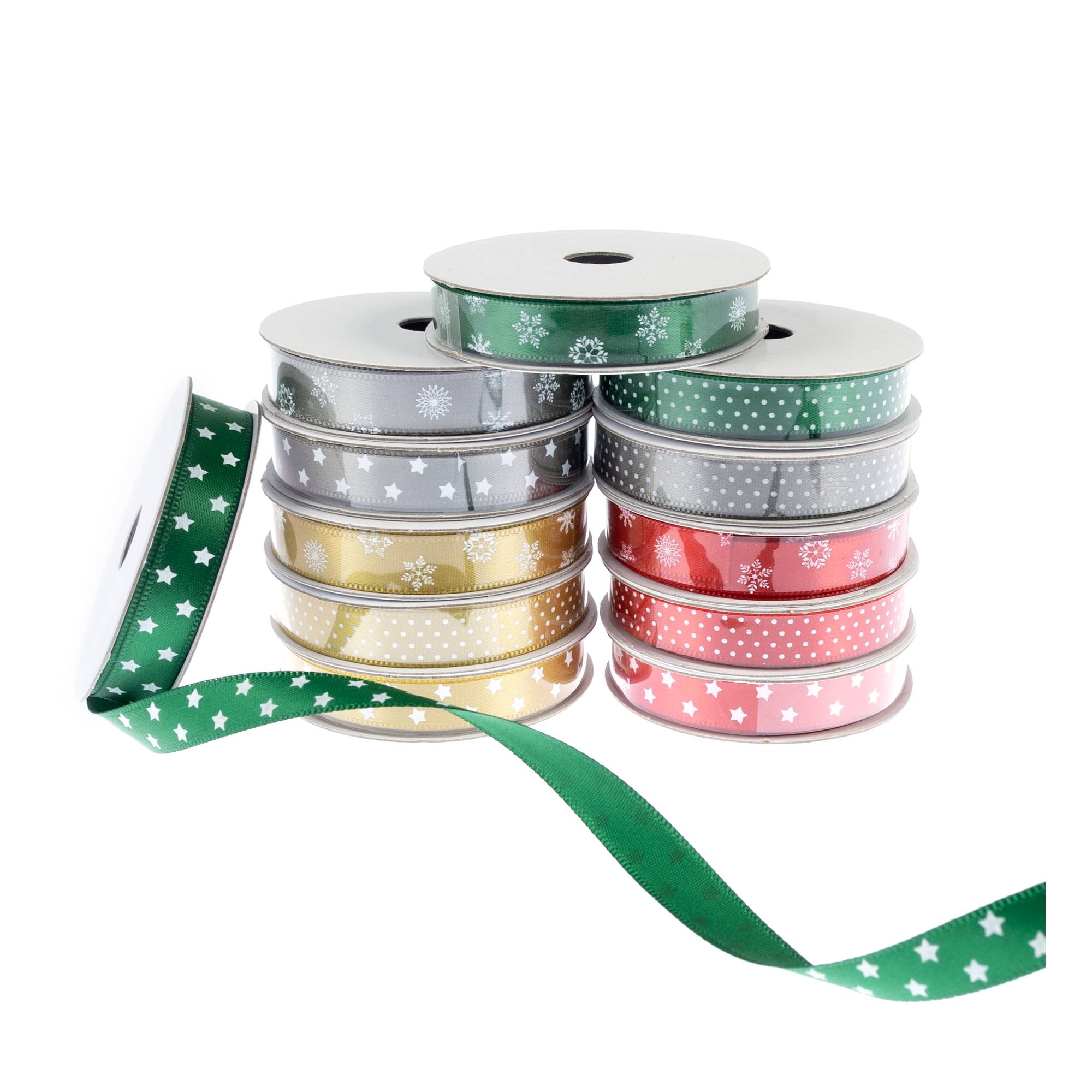 Assorted Snowflake and Dot Christmas Ribbons 12 Pack Hobbycraft