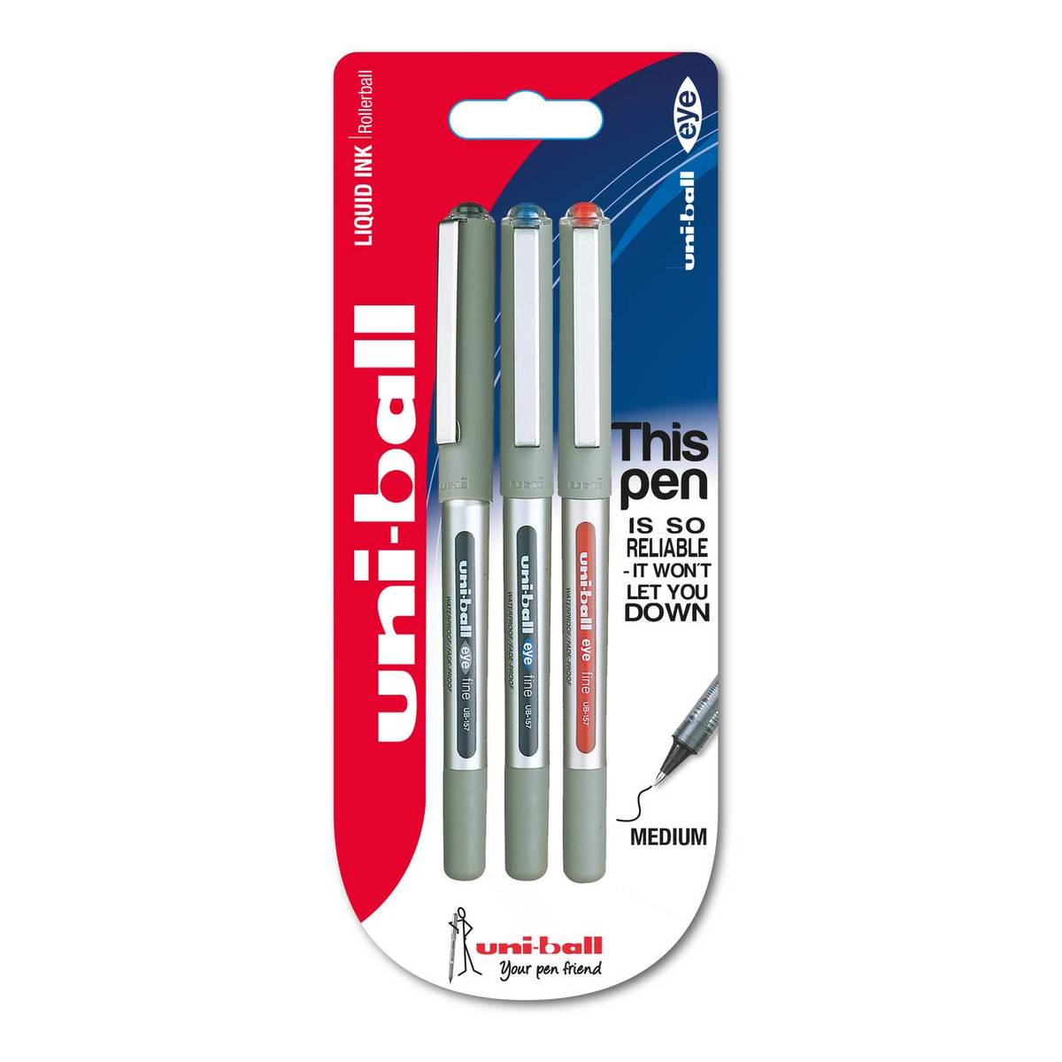 Pack of 3 Pens Medium Nib Uniball Eye Rollerball Pens Black,Blue & Red Ink 