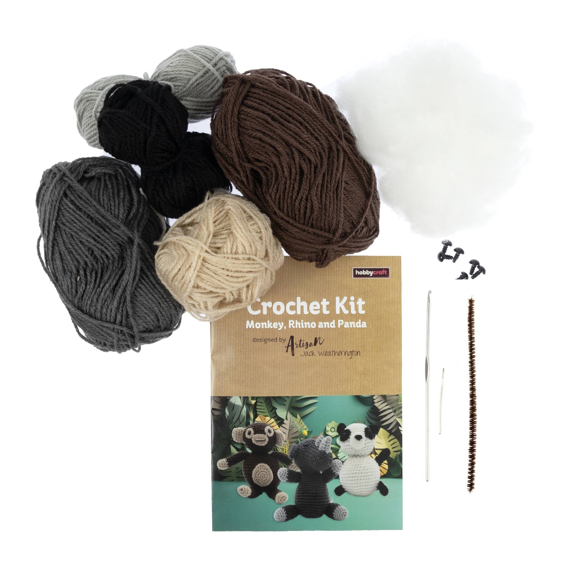 Artisan Rhino, Panda and Monkey Crochet Kit 3 Pack