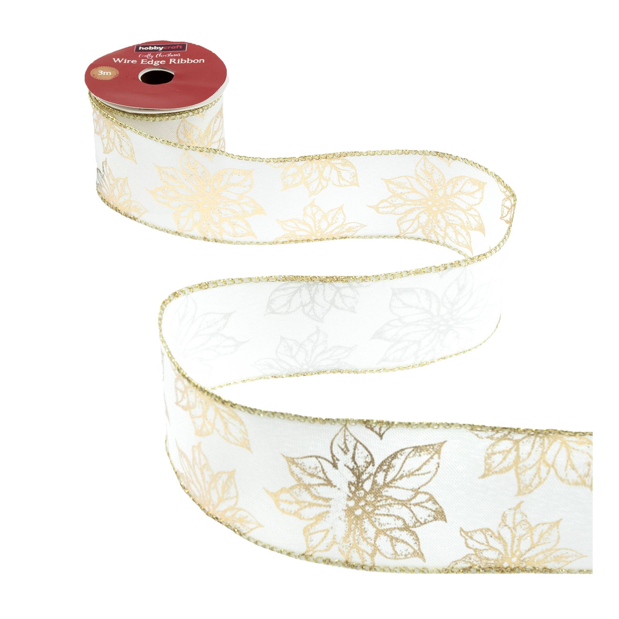 Gold Poinsettia Wire Edge Ribbon 63mm x 3m Hobbycraft