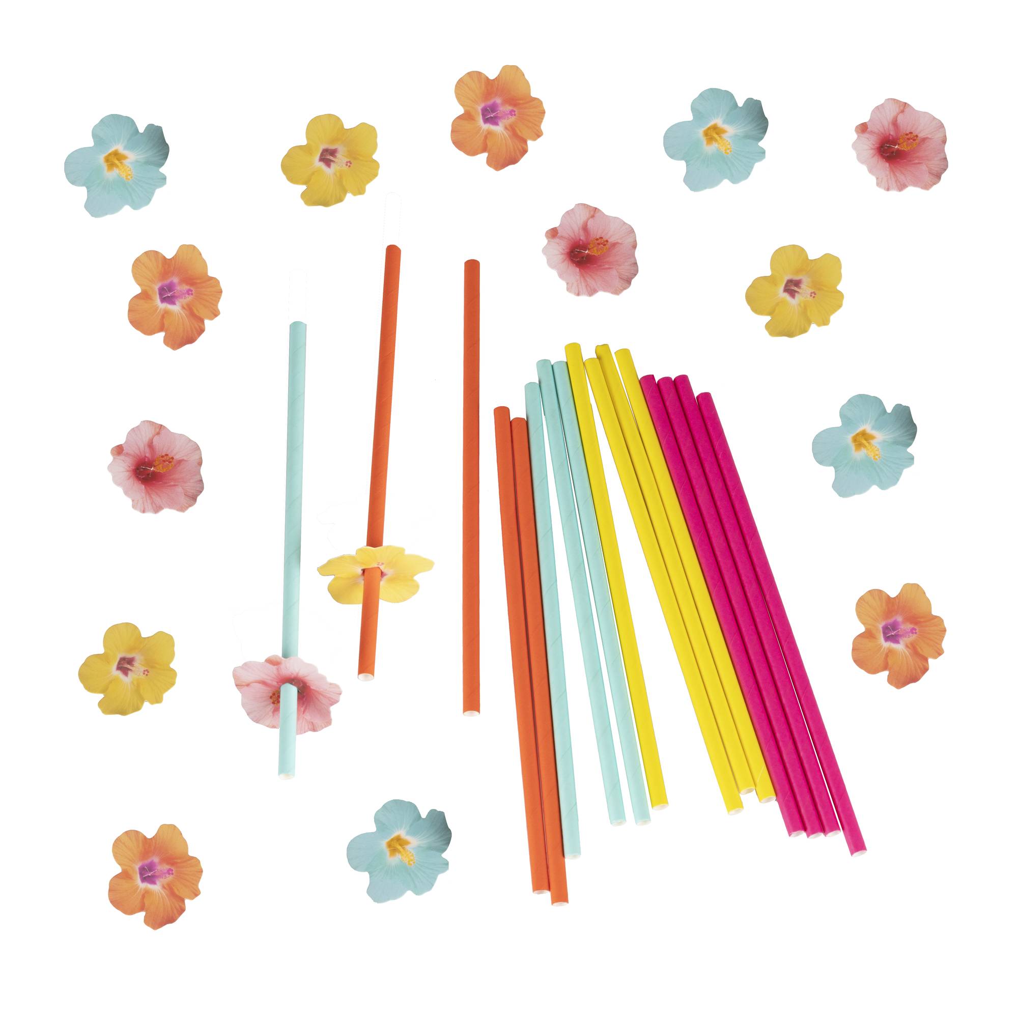 Ginger Ray Tropical Paper Straws with Flower Toppers 16 Pack Hobbycraft
