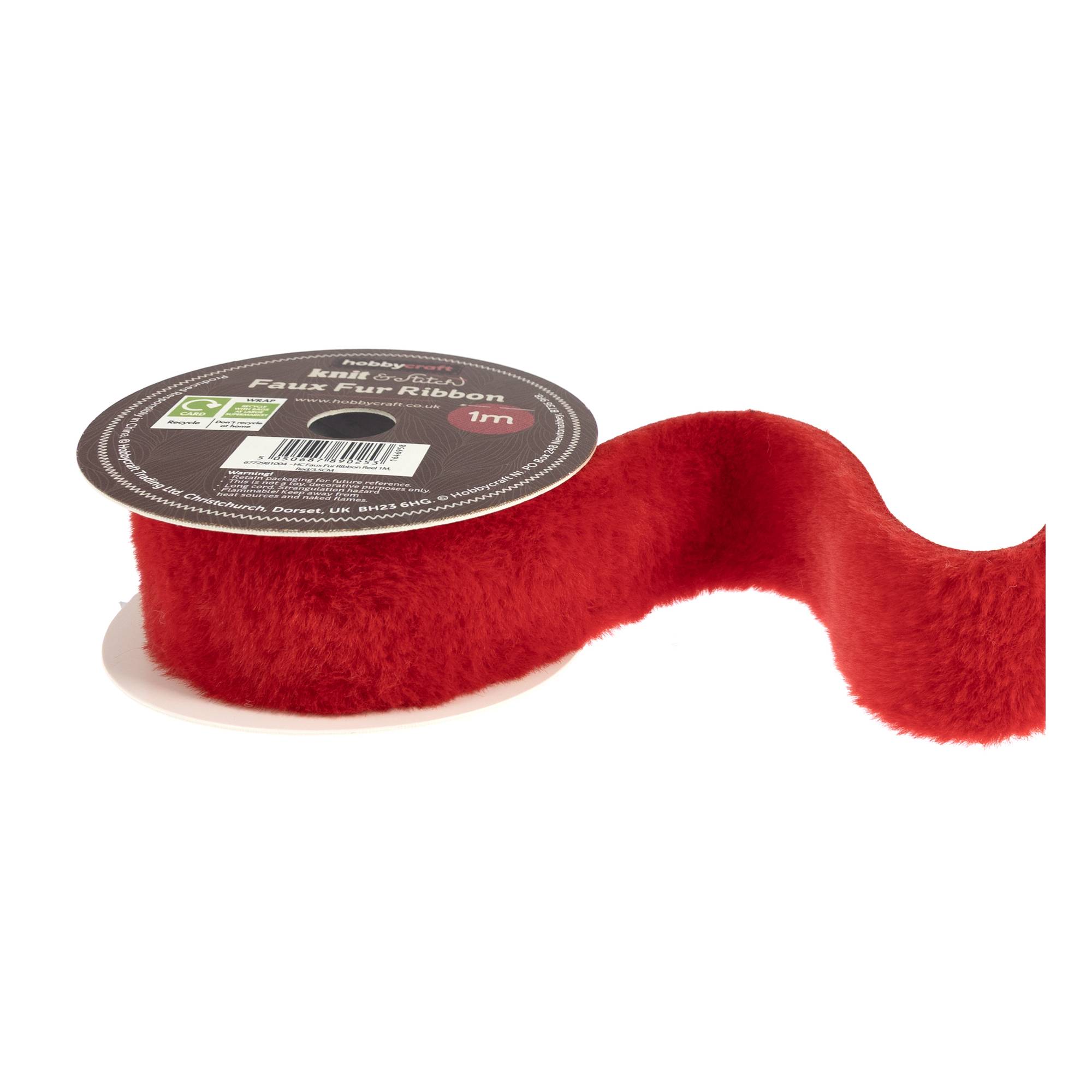 Fake Ribbon Red Faux Fur Ribbon 3.5cm x 1m | Hobbycraft
