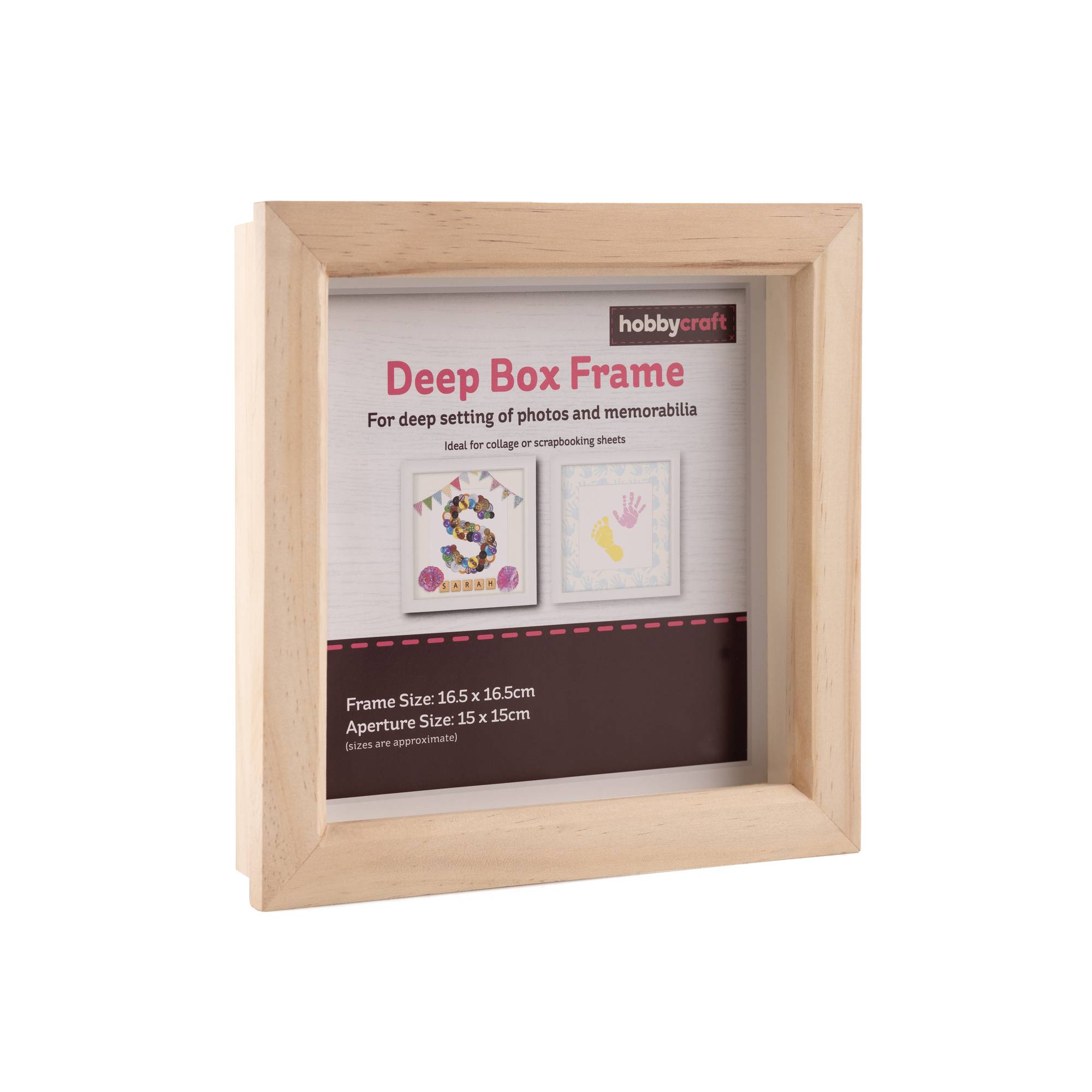 Deep Box Frame 15cm x 15cm setting of photos or crafts Natural wood finish 